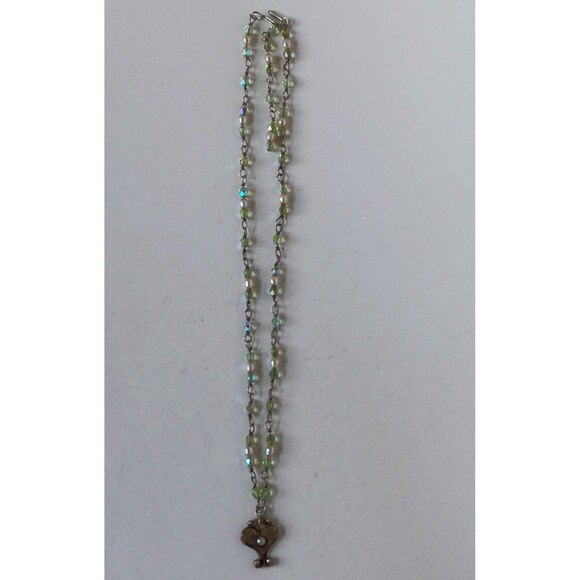 Artisan Sterling Silver Heart Pendant Green AB Glass & Pearl Necklace 16-18 in - Picture 7 of 15